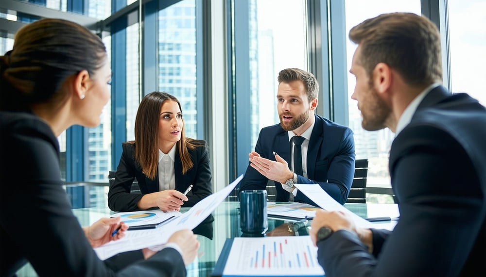 Business professionals discussing financial services